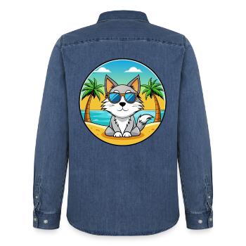 Carélie Bobtail Cat Breed Cartoon Sunglass Beach - Chemise en denim homme bio Stanley/Stella - bleu moyen délavé  - Dos - AI Model Male 185 light (185cm)