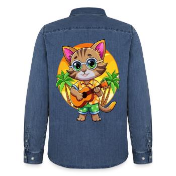 Lunettes de soleil de plage d’été de dessin animé de chaton drôle - Chemise en denim homme bio Stanley/Stella - bleu moyen délavé  - Dos - AI Model Male 185 light (185cm)