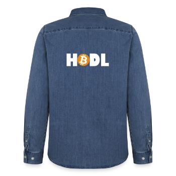 Mode Bitcoin HODL : Activé - Chemise en denim homme bio Stanley/Stella - bleu moyen délavé  - Dos - AI Model Male 185 light (185cm)