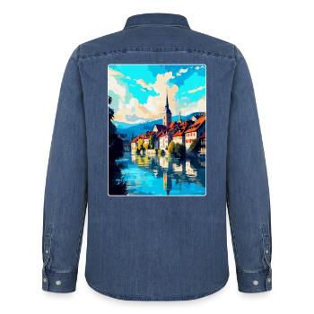 Schaffhausen Schweiz Vintage Reiseplakat WPA - Männer Jeanshemd Organic von Stanley/Stella - verwaschenes Mittelblau  - Hinten - AI Model Male 185 light (185cm)