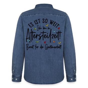 Altersteilzeit - Bereit für die Gartenarbeit  - Männer Jeanshemd Organic von Stanley/Stella - verwaschenes Mittelblau  - Hinten - AI Model Male 185 light (185cm)