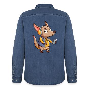 Aardvark Funny Cartoon Character Casque Musique - Chemise en denim homme bio Stanley/Stella - bleu moyen délavé  - Dos - AI Model Male 185 light (185cm)
