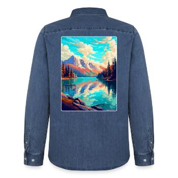 Caumasee Schweiz Vintage Reiseposter WPA Art - Männer Jeanshemd Organic von Stanley/Stella - verwaschenes Mittelblau  - Hinten - AI Model Male 185 light (185cm)