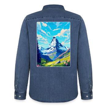 Matterhorn Schweiz Vintage Reiseposter WPA - Männer Jeanshemd Organic von Stanley/Stella - verwaschenes Mittelblau  - Hinten - AI Model Male 185 light (185cm)
