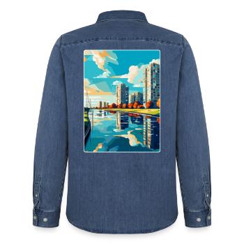 Souvenir de l’affiche de voyage vintage Almere Pays-Bas - Chemise en denim homme bio Stanley/Stella - bleu moyen délavé  - Dos - AI Model Male 185 light (185cm)