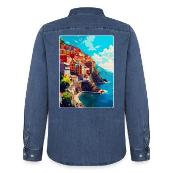 Cinque Terre Italien Vintage Reise Poster Souvenir - Männer Jeanshemd Organic von Stanley/Stella - verwaschenes Mittelblau  - Hinten - AI Model Male 185 light (185cm)