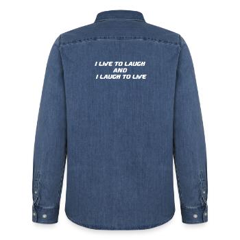 I live to laugh and I laugh to live - Chemise en denim homme bio Stanley/Stella - bleu moyen délavé  - Dos - AI Model Male 185 light (185cm)