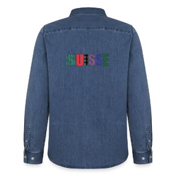SUISSE. PAYS - Chemise en denim homme bio Stanley/Stella - bleu moyen délavé  - Dos - AI Model Male 185 light (185cm)