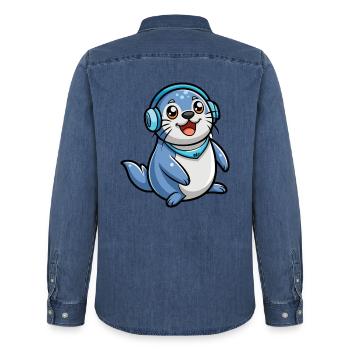 Seal Funny Cartoon Character Headphone Music - Men’s Organic Denim Shirt by Stanley/Stella - mid washy  - Back - AI Model Male 185 light (185cm)