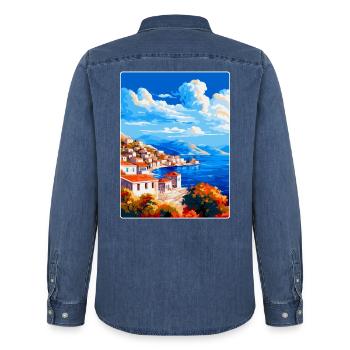 Hydra Greece Vintage Travel Poster WPA Souvenir - Men’s Organic Denim Shirt by Stanley/Stella - mid washy  - Back - AI Model Male 185 light (185cm)
