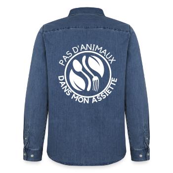 Tablier de cuisine végane - Chemise en denim homme bio Stanley/Stella - bleu moyen délavé  - Dos - AI Model Male 185 light (185cm)