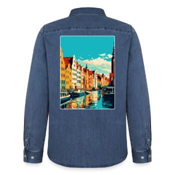 Danzig Polen Vintage Reiseposter WPA Souvenir - Männer Jeanshemd Organic von Stanley/Stella - verwaschenes Mittelblau  - Hinten - AI Model Male 185 light (185cm)