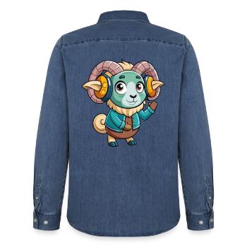 Ram Funny Cartoon Character Musique de casque - Chemise en denim homme bio Stanley/Stella - bleu moyen délavé  - Dos - AI Model Male 185 light (185cm)