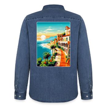 Costa Blanca Spanien Vintage Reise Poster Souvenir - Männer Jeanshemd Organic von Stanley/Stella - verwaschenes Mittelblau  - Hinten - AI Model Male 185 light (185cm)