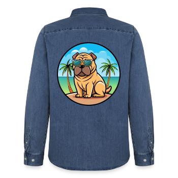 Chinesischer Shar Pei Hund Rasse Cartoon Sonnenbrille Strand - Männer Jeanshemd Organic von Stanley/Stella - verwaschenes Mittelblau  - Hinten - AI Model Male 185 light (185cm)