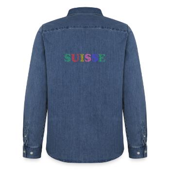 SUISSE. PAYS - Chemise en denim homme bio Stanley/Stella - bleu moyen délavé  - Dos - AI Model Male 185 light (185cm)