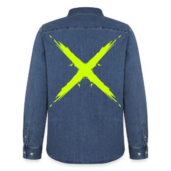 Kreuz Design Vektor Gelb - Männer Jeanshemd Organic von Stanley/Stella - verwaschenes Mittelblau  - Hinten - AI Model Male 185 light (185cm)