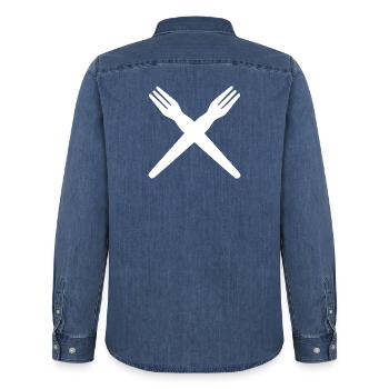 French fries fork crossed - Men’s Organic Denim Shirt by Stanley/Stella - mid washy  - Back - AI Model Male 185 light (185cm)