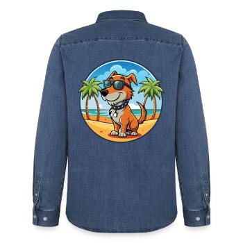 Polnische Jagdhund Hund Rasse Cartoon Sonnenbrille - Männer Jeanshemd Organic von Stanley/Stella - verwaschenes Mittelblau  - Hinten - AI Model Male 185 light (185cm)