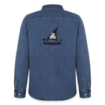 Viking Ship Triskel Sail - Men’s Organic Denim Shirt by Stanley/Stella - mid washy  - Back - AI Model Male 185 light (185cm)