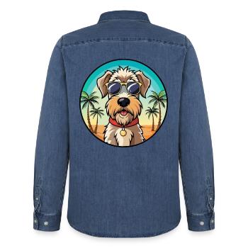 Weich beschichtete Wheaten Terrier Hunderasse Karikatur - Männer Jeanshemd Organic von Stanley/Stella - verwaschenes Mittelblau  - Hinten - AI Model Male 185 light (185cm)