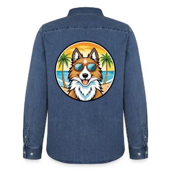 Scotch Collie Hunderasse Cartoon Sonnenbrille Strand - Männer Jeanshemd Organic von Stanley/Stella - verwaschenes Mittelblau  - Hinten - AI Model Male 185 light (185cm)