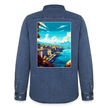 Genf Schweiz Vintage Reiseplakat Souvenir - Männer Jeanshemd Organic von Stanley/Stella - verwaschenes Mittelblau  - Hinten - AI Model Male 185 light (185cm)