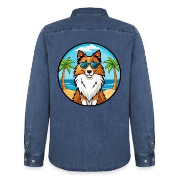 Sheltie Hunderasse Cartoon Sonnenbrille Strand - Männer Jeanshemd Organic von Stanley/Stella - verwaschenes Mittelblau  - Hinten - AI Model Male 185 light (185cm)