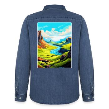 Isle Of Skye Schottland UK Vintage Reiseposter WPA - Männer Jeanshemd Organic von Stanley/Stella - verwaschenes Mittelblau  - Hinten - AI Model Male 185 light (185cm)