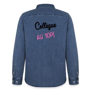 COLLEGUE. HUMOUR. RETRAITE. RETRAITE. RETRAITEE - Chemise en denim homme bio Stanley/Stella - bleu moyen délavé  - Dos - AI Model Male 185 light (185cm)