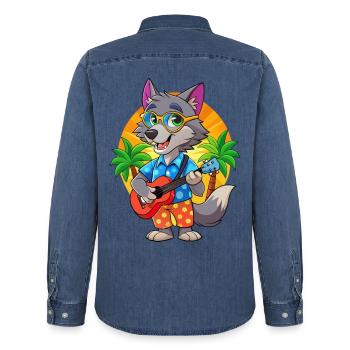 Lustige Wolf Cartoon Sommer Strand Sonnenbrille Gitarre - Männer Jeanshemd Organic von Stanley/Stella - verwaschenes Mittelblau  - Hinten - AI Model Male 185 light (185cm)