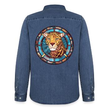 Jaguar Buntes Aquarell Tier Haustier Illustration - Männer Jeanshemd Organic von Stanley/Stella - verwaschenes Mittelblau  - Hinten - AI Model Male 185 light (185cm)