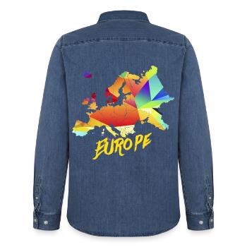 Reiselustiger Kontinent Europa - Männer Jeanshemd Organic von Stanley/Stella - verwaschenes Mittelblau  - Hinten - AI Model Male 185 light (185cm)