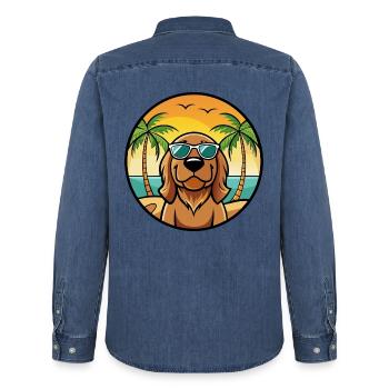 Bloodhound Hund Rasse Cartoon Sonnenbrille Strand - Männer Jeanshemd Organic von Stanley/Stella - verwaschenes Mittelblau  - Hinten - AI Model Male 185 light (185cm)