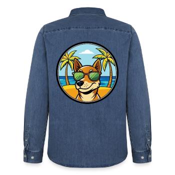 Serbischer dreifarbiger Laufhund Rasse Cartoon Strand - Männer Jeanshemd Organic von Stanley/Stella - verwaschenes Mittelblau  - Hinten - AI Model Male 185 light (185cm)