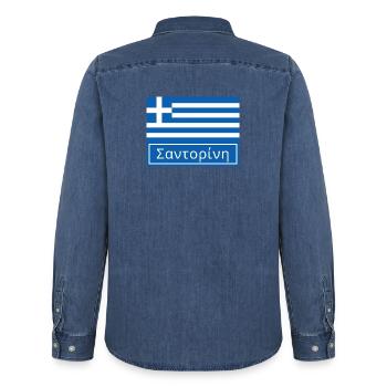 Santorin écrit en grec - Chemise en denim homme bio Stanley/Stella - bleu moyen délavé  - Dos - AI Model Male 185 light (185cm)