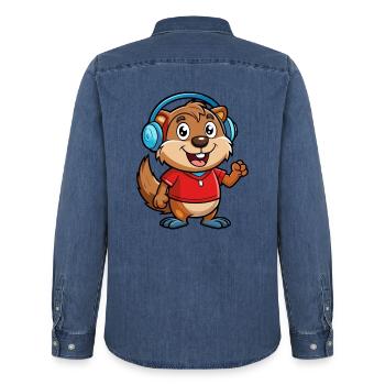 Und täglich grüßt das Murmeltier Lustige Zeichentrickfigur Kopfhörermusik - Männer Jeanshemd Organic von Stanley/Stella - verwaschenes Mittelblau  - Hinten - AI Model Male 185 light (185cm)