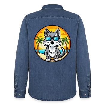 Saarloos Wolfdog Rasse Cartoon Sonnenbrille Strand - Männer Jeanshemd Organic von Stanley/Stella - verwaschenes Mittelblau  - Hinten - AI Model Male 185 light (185cm)