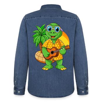 Lustige Schildkröte Sommer Strand Sonnenbrille Hawaiian - Männer Jeanshemd Organic von Stanley/Stella - verwaschenes Mittelblau  - Hinten - AI Model Male 185 light (185cm)