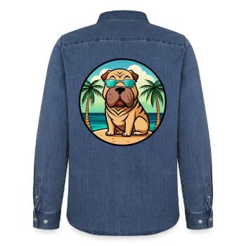 Chinesischer Shar Pei Hund Rasse Cartoon Sonnenbrille Strand - Männer Jeanshemd Organic von Stanley/Stella - verwaschenes Mittelblau  - Hinten - AI Model Male 185 light (185cm)