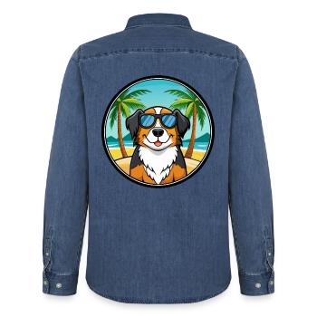 Großer Schweizer Sennenhund Rasse Cartoon Beach - Männer Jeanshemd Organic von Stanley/Stella - verwaschenes Mittelblau  - Hinten - AI Model Male 185 light (185cm)