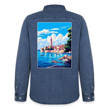 Porec Kroatien Vintage Reiseposter WPA Souvenir - Männer Jeanshemd Organic von Stanley/Stella - verwaschenes Mittelblau  - Hinten - AI Model Male 185 light (185cm)