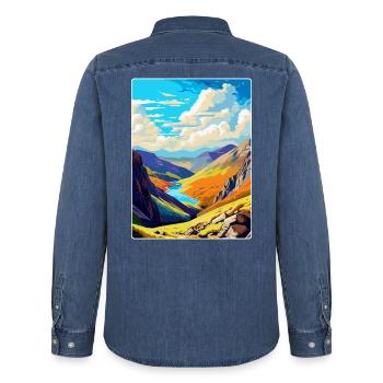 Helvellyn Cumbria Vintage Reiseposter Souvenir - Männer Jeanshemd Organic von Stanley/Stella - verwaschenes Mittelblau  - Hinten - AI Model Male 185 light (185cm)