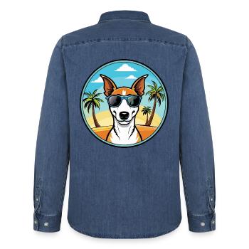 Smooth Fox Terrier Hunderasse Cartoon Sonnenbrille - Männer Jeanshemd Organic von Stanley/Stella - verwaschenes Mittelblau  - Hinten - AI Model Male 185 light (185cm)
