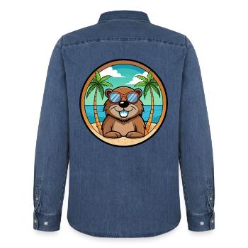 Biber Lustige Cartoon Sommer Strand Sonnenbrille Cool - Männer Jeanshemd Organic von Stanley/Stella - verwaschenes Mittelblau  - Hinten - AI Model Male 185 light (185cm)