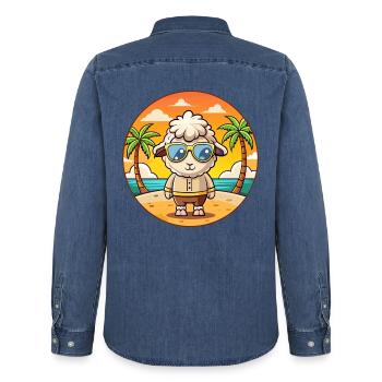 Schaf Lustige Cartoon Sommer Strand Sonnenbrille - Männer Jeanshemd Organic von Stanley/Stella - verwaschenes Mittelblau  - Hinten - AI Model Male 185 light (185cm)