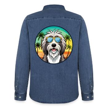 Bärtiger Collie Hund Rasse Cartoon Sonnenbrille Strand - Männer Jeanshemd Organic von Stanley/Stella - verwaschenes Mittelblau  - Hinten - AI Model Male 185 light (185cm)