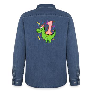 Dinosaurier Geburtstag 1 Jahre alt - Männer Jeanshemd Organic von Stanley/Stella - verwaschenes Mittelblau  - Hinten - AI Model Male 185 light (185cm)