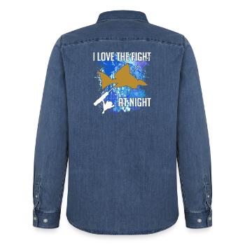 Waller catfish silhouette fishing rod and splashes of colour - Men’s Organic Denim Shirt by Stanley/Stella - mid washy  - Back - AI Model Male 185 light (185cm)