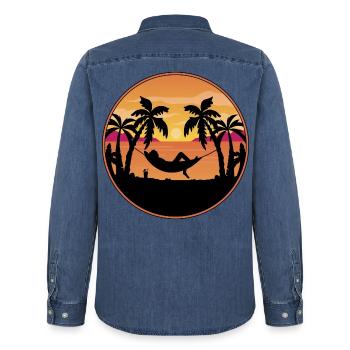 Sunset by the Sea - Palm Trees with Hammock - Men’s Organic Denim Shirt by Stanley/Stella - mid washy  - Back - AI Model Male 185 light (185cm)